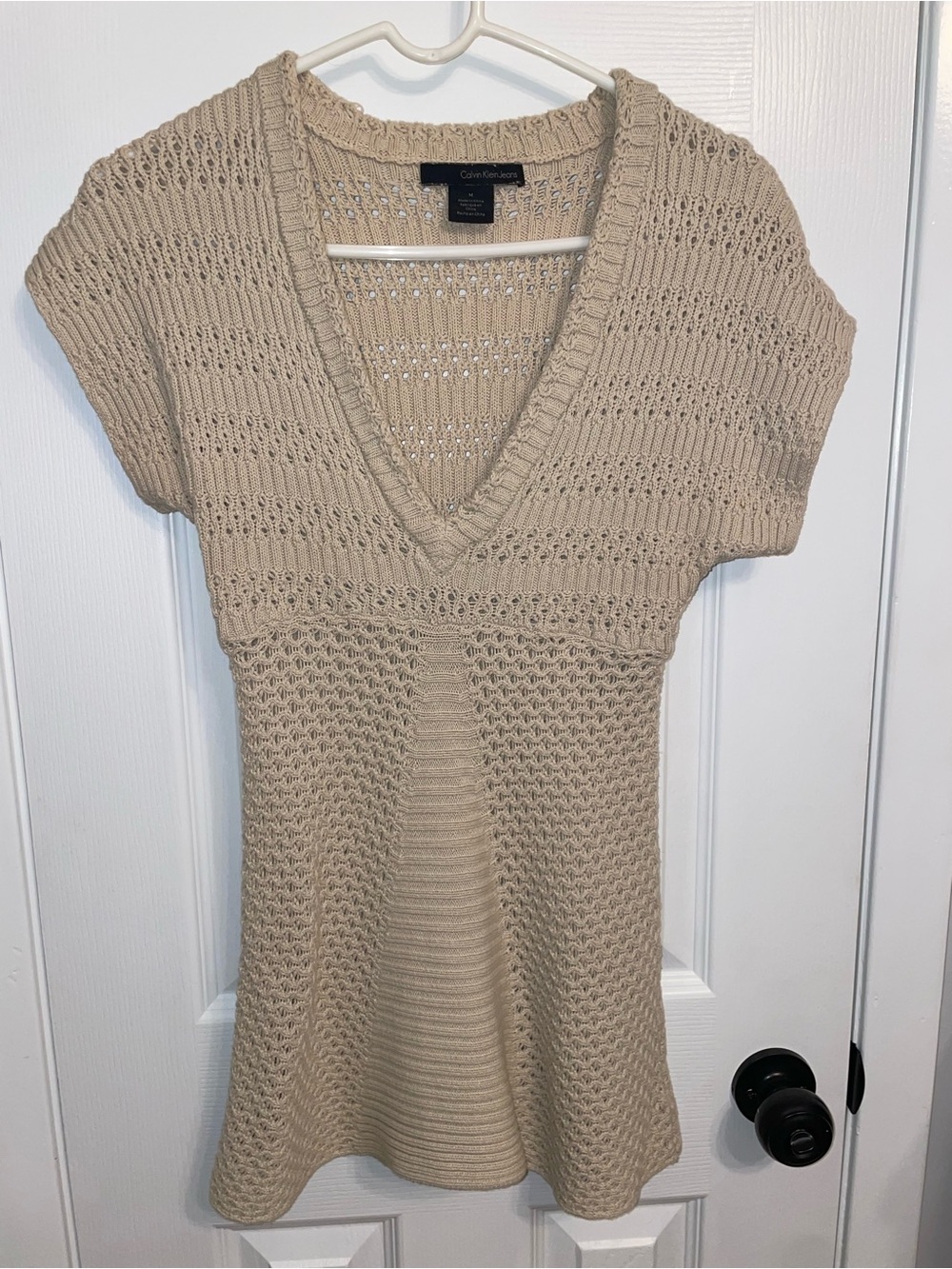 Calvin Klein Jeans Beige Open-Knit V-Neck Sweater Top